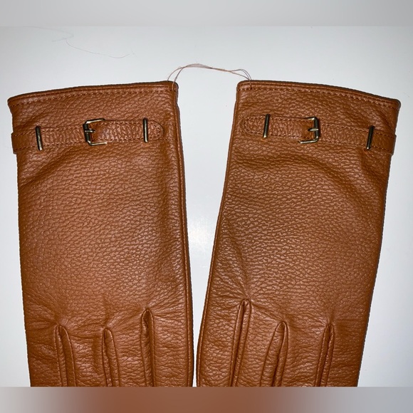 NWOT Women’s Lauren Ralph Lauren Pebble Brown Leather Belt Buckle Gloves Medium - Picture 2 of 4